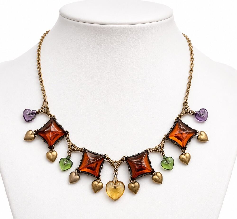 Vtg Art Glass Works Studio Brass Heart Charm Statement Necklace Amber Multi